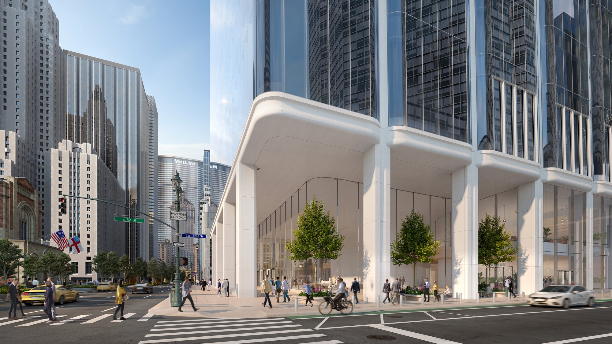 Rendering of 350 Park Avenue shown from across the street with large windows and tall white columns