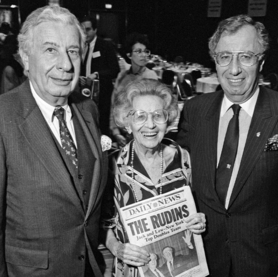 May Rudin, the wife of Samuel Rudin, with her sons Jack and Lew in 1988. 