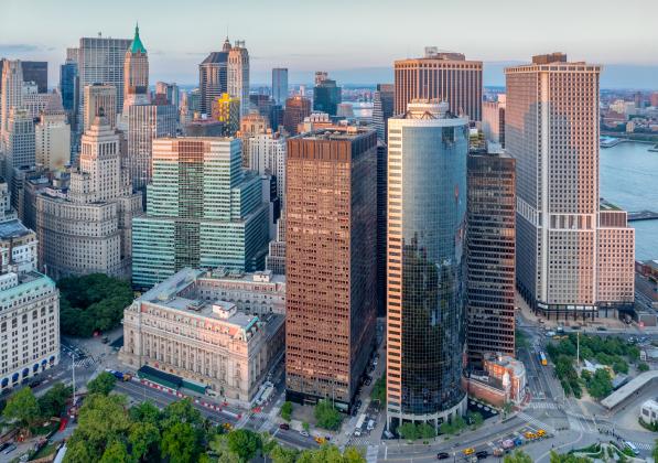 An aerial view of 1 Battery Park Plaza and surrounding buildings