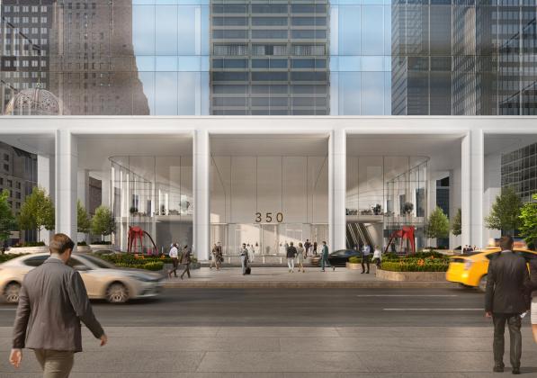 The entrance to 350 Park Avenue from across a busy city street