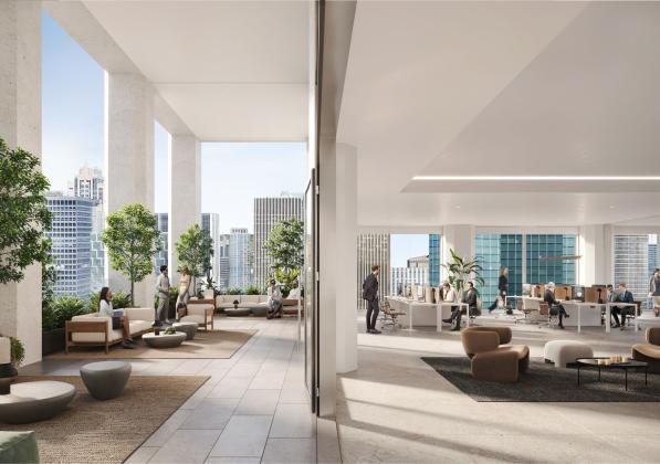 An office space with a covered outdoor balcony