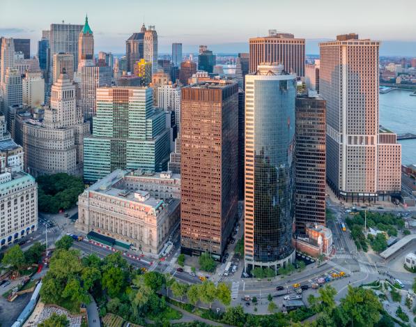 An aerial view of Rudin's tall 1 Battery Park building
