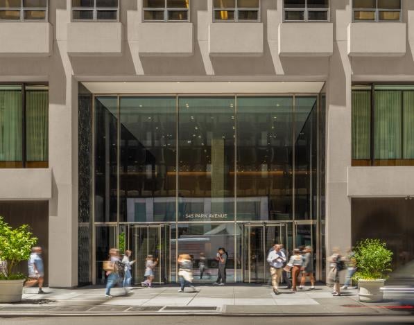 Street view of the main entrance to the 345 Park Avenue building