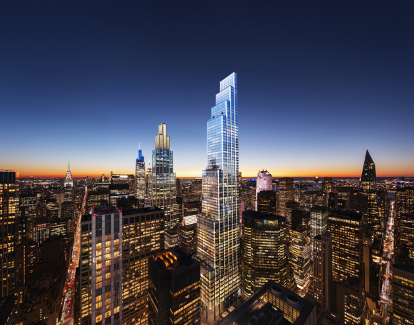An aerial view of a supertall office tower at 350 Park Avenue