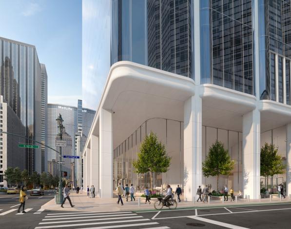 Rendering of 350 Park Avenue shown from across the street with large windows and tall white columns