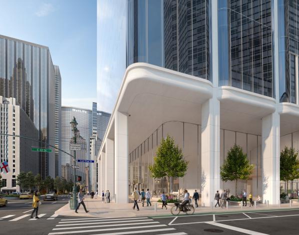 Street view of 350 Park Avenue with white columns creating a covered sidewalk