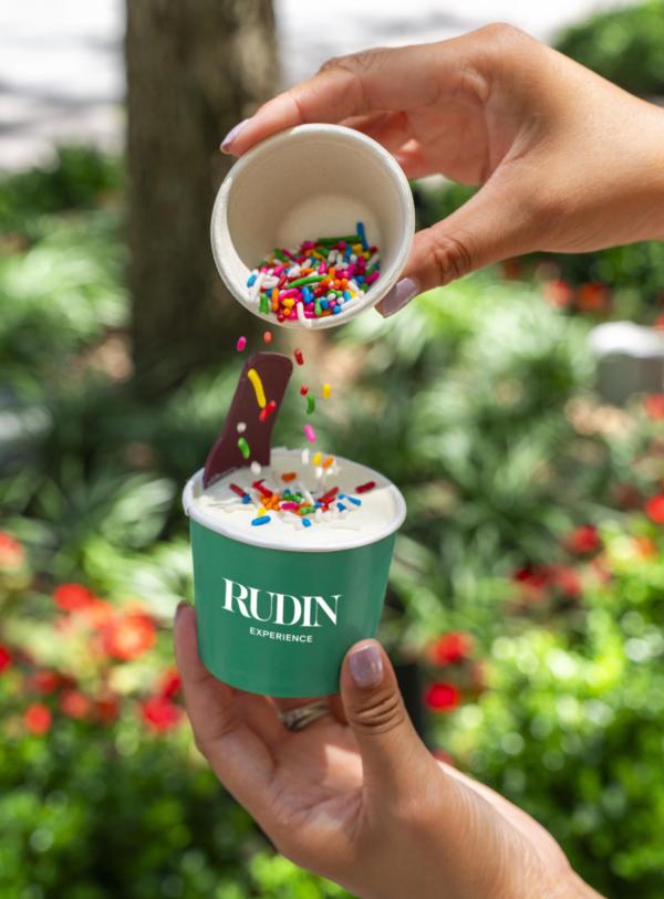 A hand pouring sprinkles on an ice cream in a cup with the words "Rudin Experience"