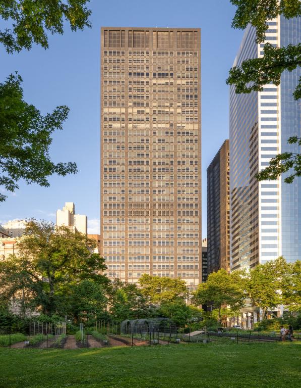 Office tower from the view of a park